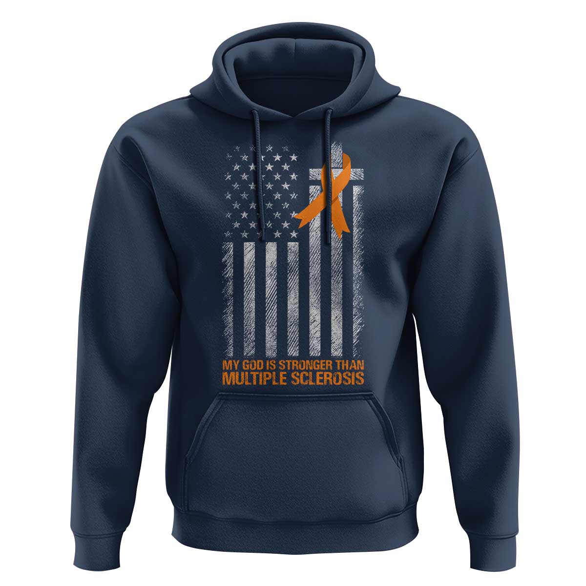God Stronger Multiple Sclerosis Awareness Hoodie Orange Ribbon Christian US USA Flag American Christ Cross