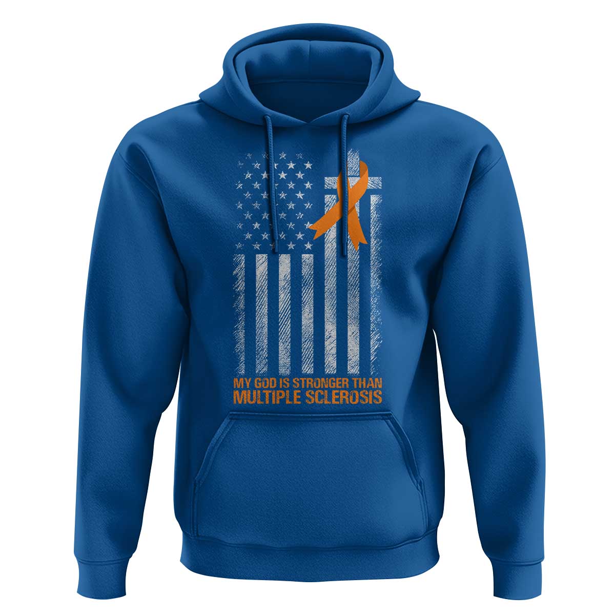 God Stronger Multiple Sclerosis Awareness Hoodie Orange Ribbon Christian US USA Flag American Christ Cross