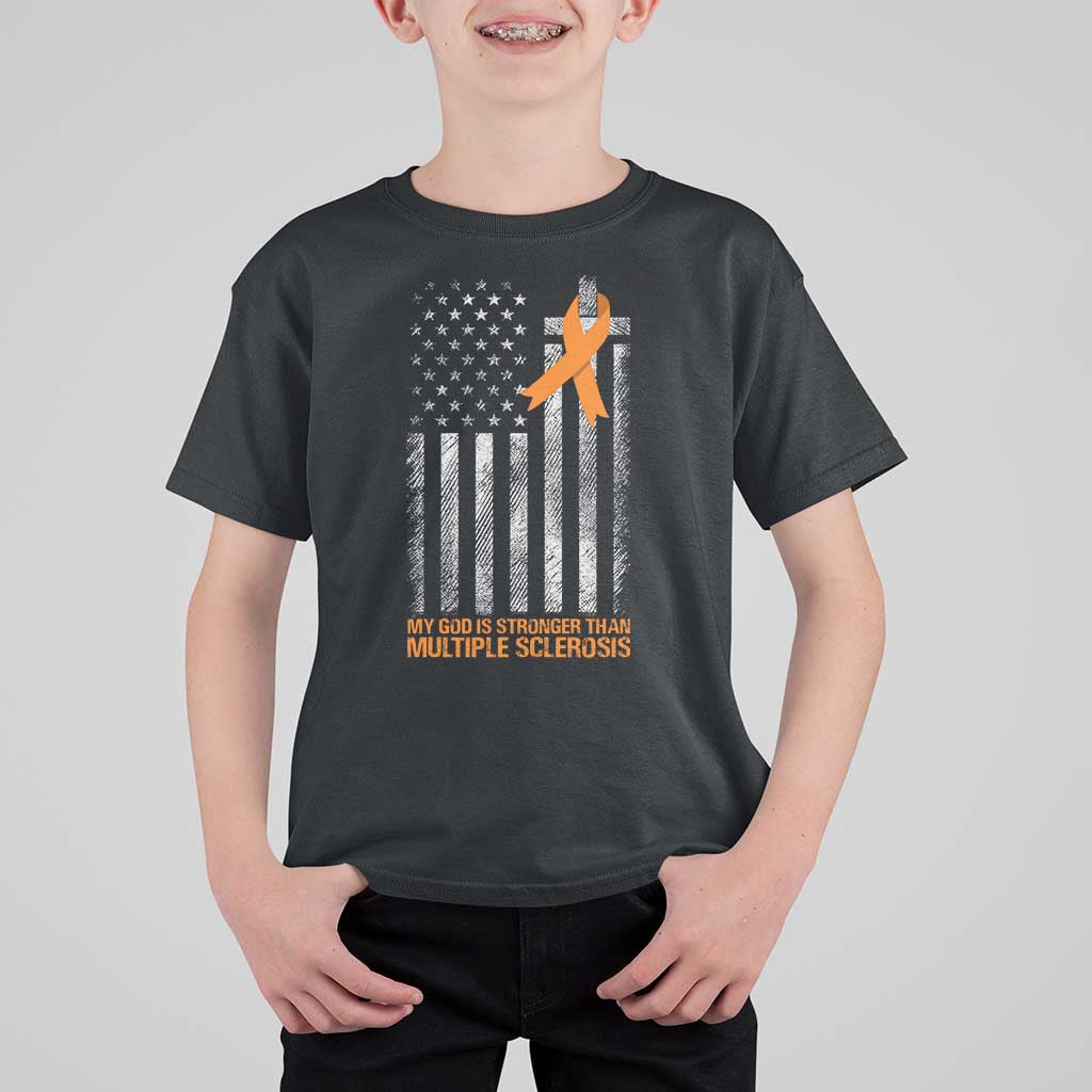 God Stronger Multiple Sclerosis Awareness T Shirt For Kid Orange Ribbon Christian US USA Flag American Christ Cross