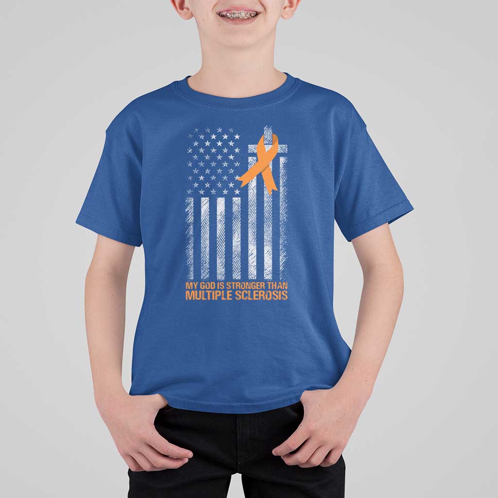 God Stronger Multiple Sclerosis Awareness T Shirt For Kid Orange Ribbon Christian US USA Flag American Christ Cross
