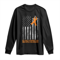 God Stronger Multiple Sclerosis Awareness Long Sleeve Shirt Orange Ribbon Christian US USA Flag American Christ Cross