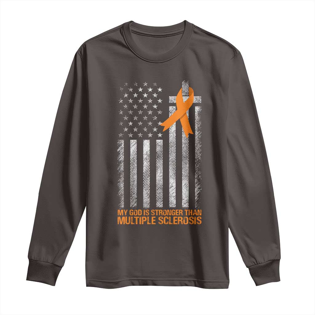 God Stronger Multiple Sclerosis Awareness Long Sleeve Shirt Orange Ribbon Christian US USA Flag American Christ Cross