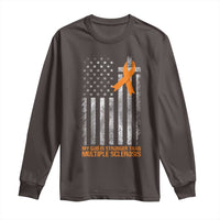 God Stronger Multiple Sclerosis Awareness Long Sleeve Shirt Orange Ribbon Christian US USA Flag American Christ Cross