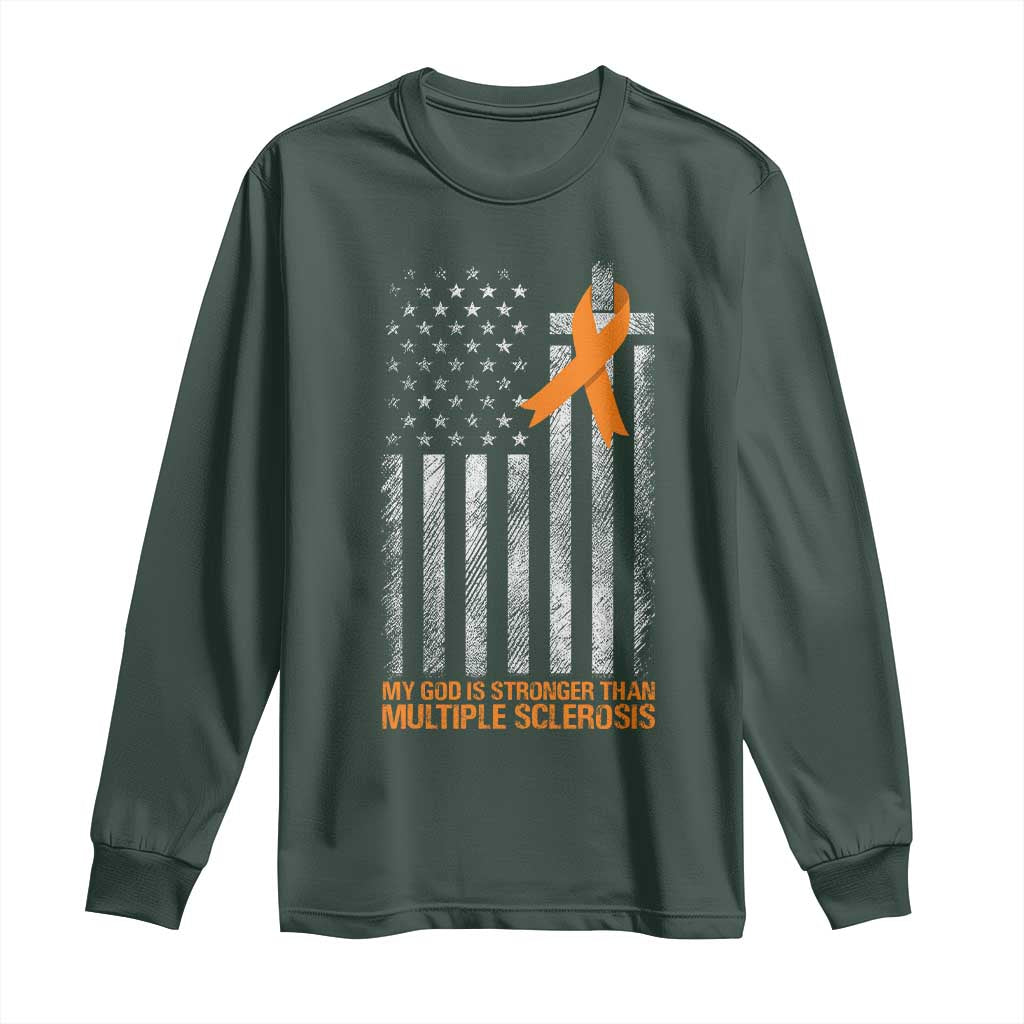 God Stronger Multiple Sclerosis Awareness Long Sleeve Shirt Orange Ribbon Christian US USA Flag American Christ Cross