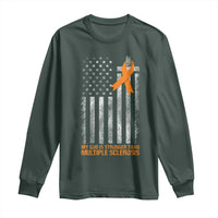 God Stronger Multiple Sclerosis Awareness Long Sleeve Shirt Orange Ribbon Christian US USA Flag American Christ Cross