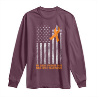 God Stronger Multiple Sclerosis Awareness Long Sleeve Shirt Orange Ribbon Christian US USA Flag American Christ Cross