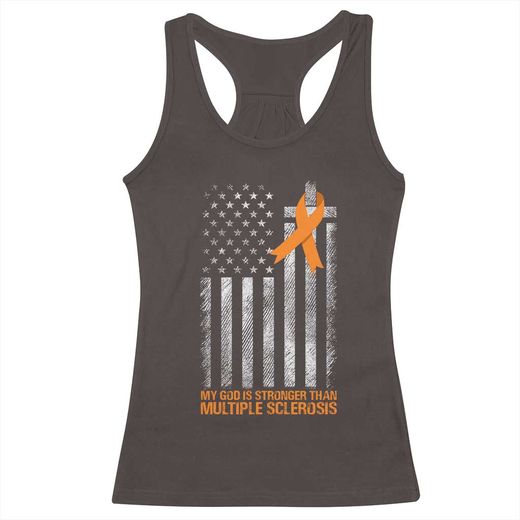 God Stronger Multiple Sclerosis Awareness Racerback Tank Top Orange Ribbon Christian US USA Flag American Christ Cross