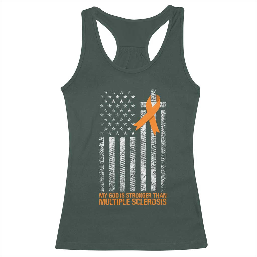 God Stronger Multiple Sclerosis Awareness Racerback Tank Top Orange Ribbon Christian US USA Flag American Christ Cross
