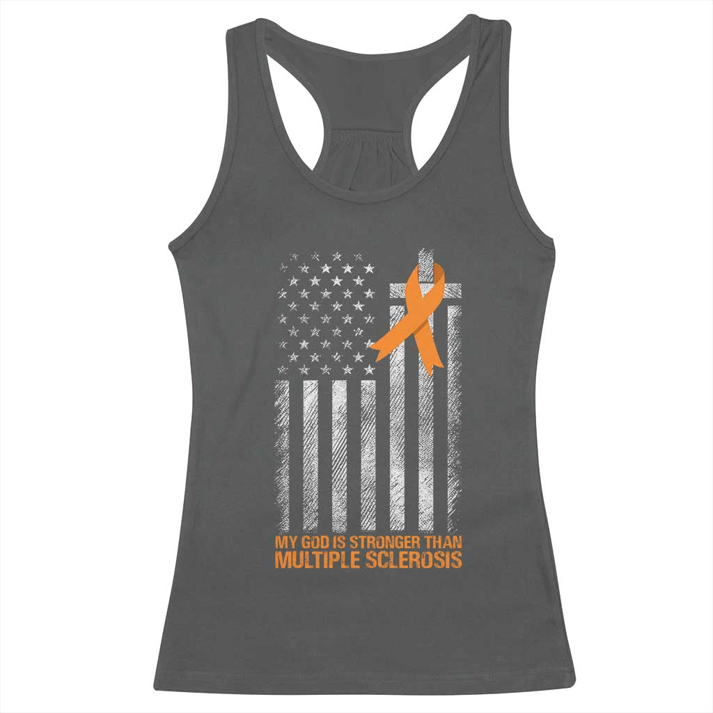 God Stronger Multiple Sclerosis Awareness Racerback Tank Top Orange Ribbon Christian US USA Flag American Christ Cross