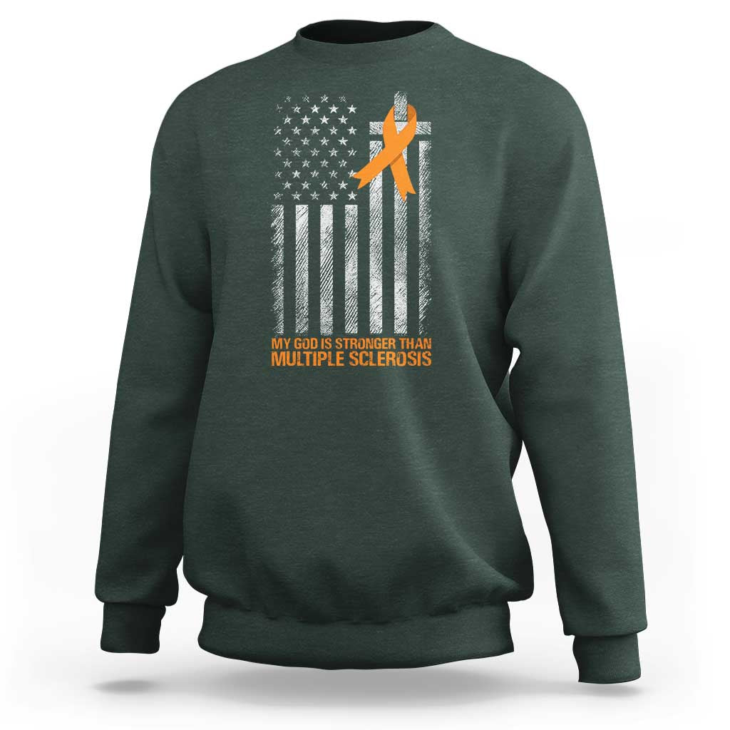 God Stronger Multiple Sclerosis Awareness Sweatshirt Orange Ribbon Christian US USA Flag American Christ Cross