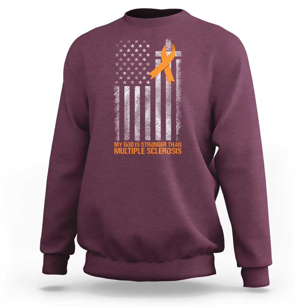 God Stronger Multiple Sclerosis Awareness Sweatshirt Orange Ribbon Christian US USA Flag American Christ Cross