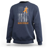 God Stronger Multiple Sclerosis Awareness Sweatshirt Orange Ribbon Christian US USA Flag American Christ Cross