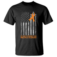 God Stronger Multiple Sclerosis Awareness T Shirt Orange Ribbon Christian US USA Flag American Christ Cross