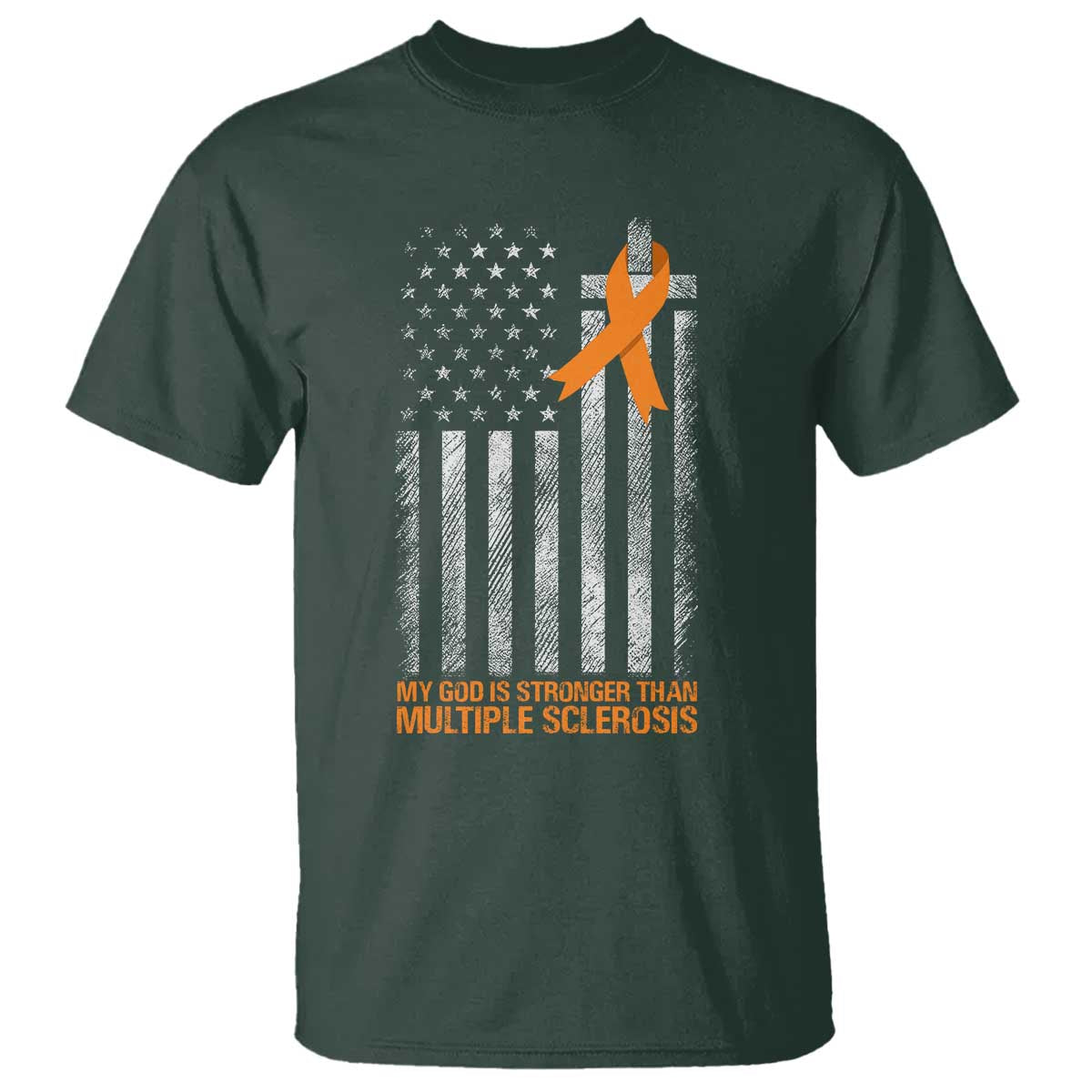 God Stronger Multiple Sclerosis Awareness T Shirt Orange Ribbon Christian US USA Flag American Christ Cross