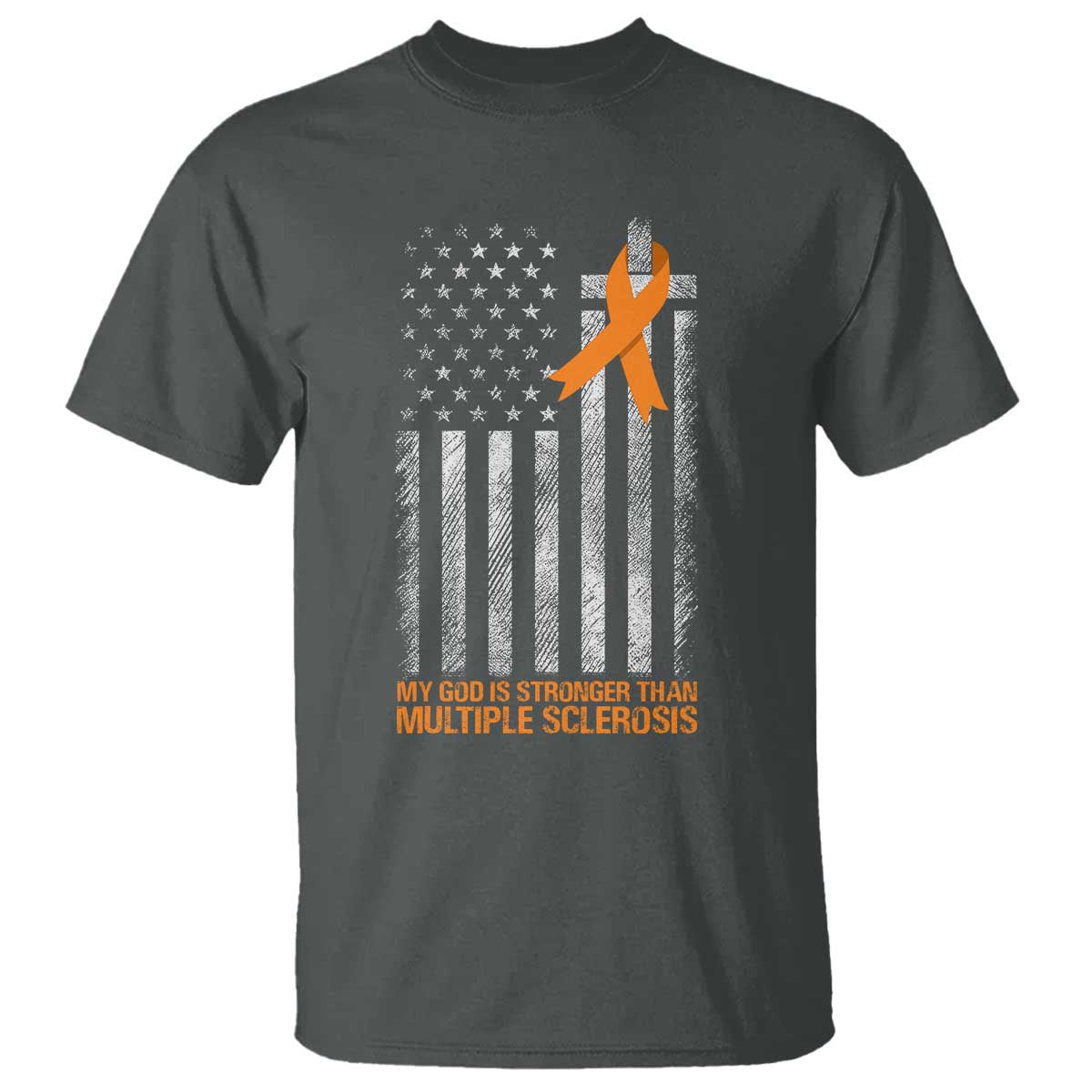God Stronger Multiple Sclerosis Awareness T Shirt Orange Ribbon Christian US USA Flag American Christ Cross
