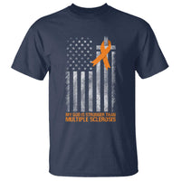 God Stronger Multiple Sclerosis Awareness T Shirt Orange Ribbon Christian US USA Flag American Christ Cross