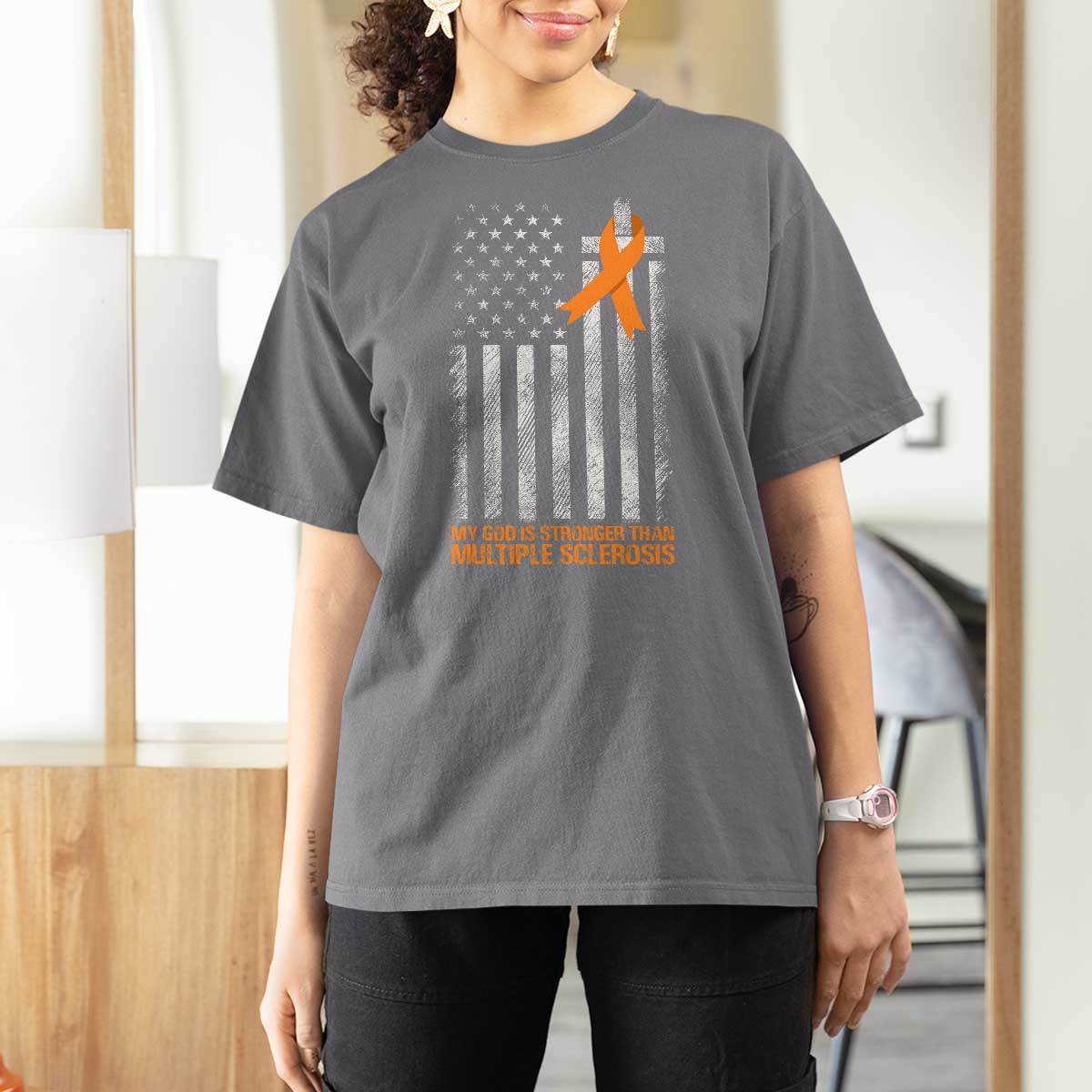 God Stronger Multiple Sclerosis Awareness T Shirt For Women Orange Ribbon Christian US USA Flag American Christ Cross