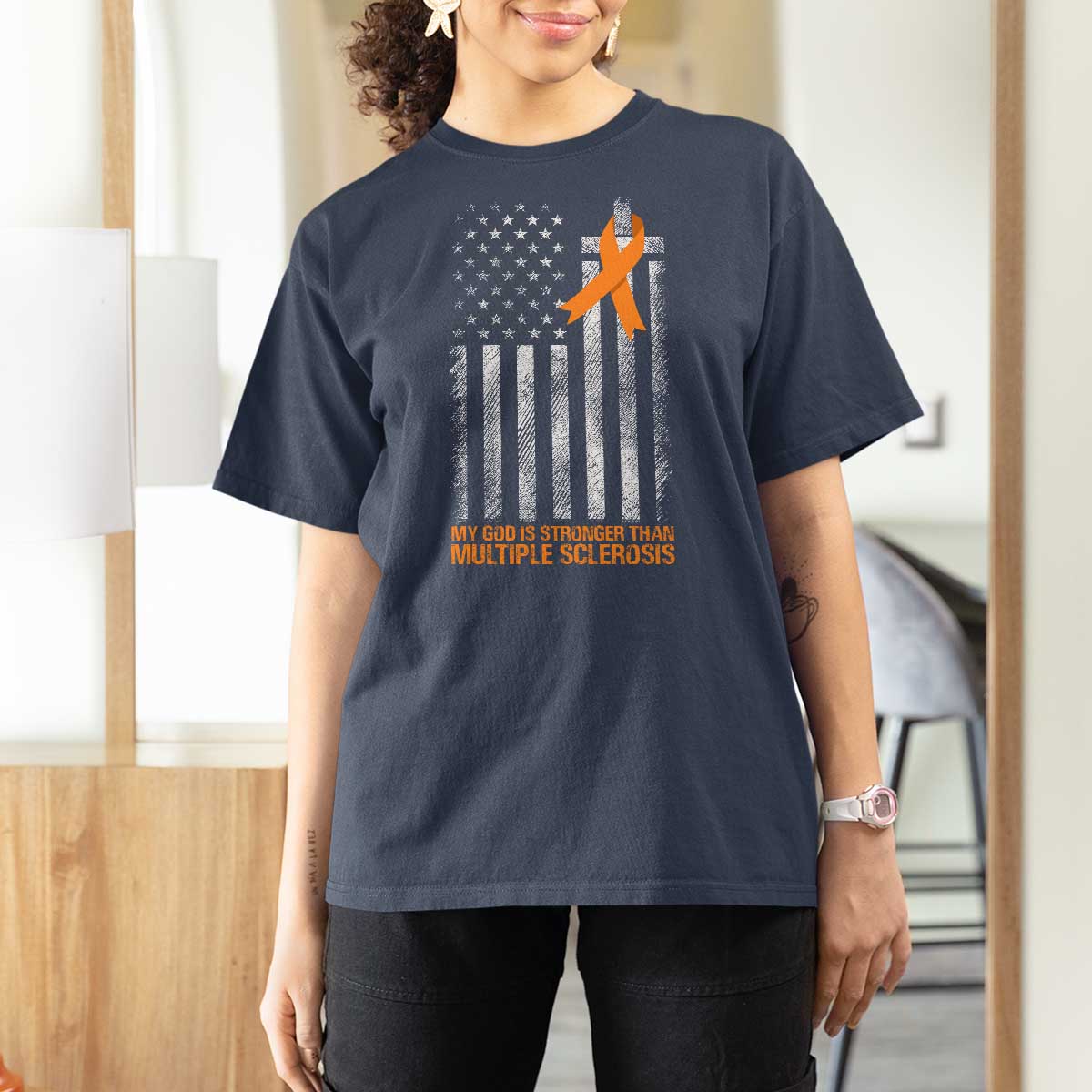 God Stronger Multiple Sclerosis Awareness T Shirt For Women Orange Ribbon Christian US USA Flag American Christ Cross
