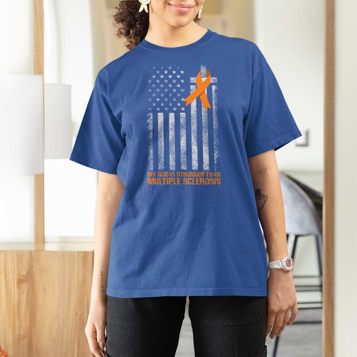 God Stronger Multiple Sclerosis Awareness T Shirt For Women Orange Ribbon Christian US USA Flag American Christ Cross