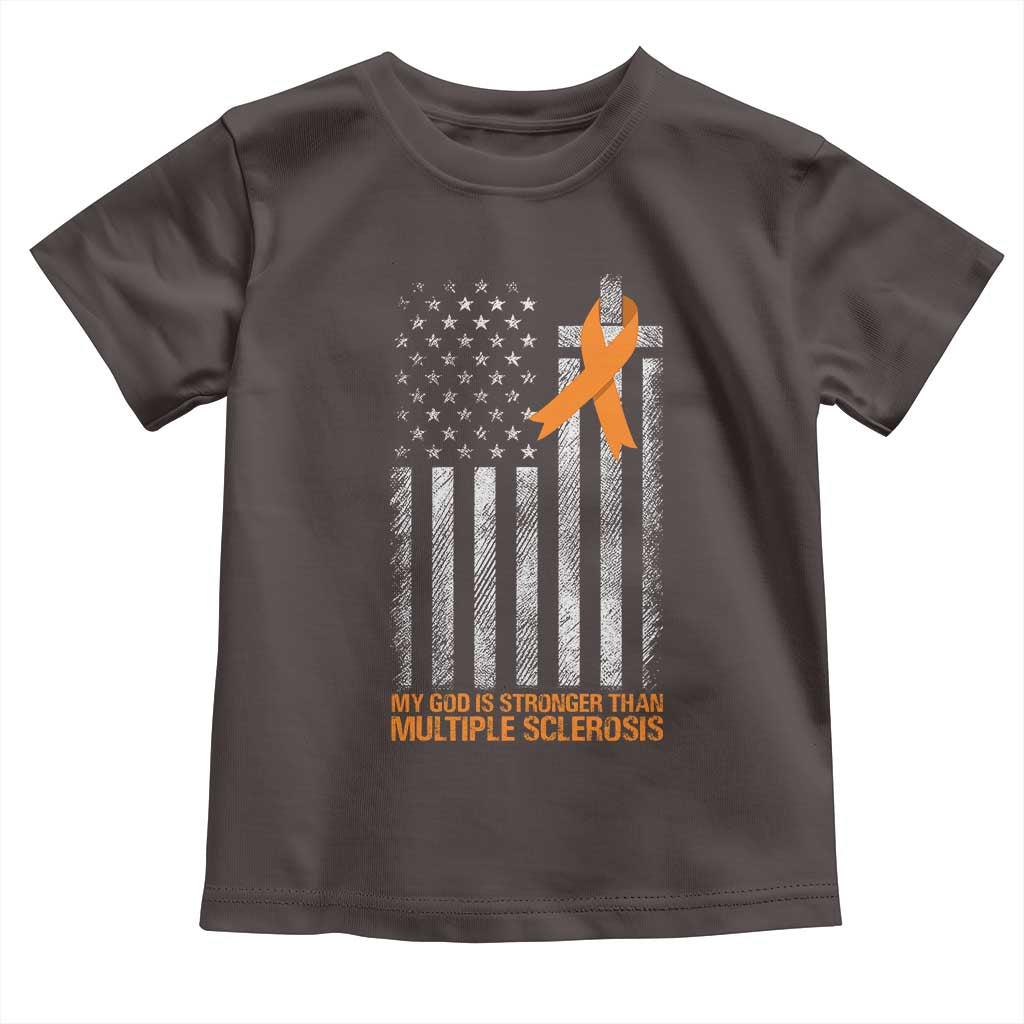God Stronger Multiple Sclerosis Awareness Toddler T Shirt Orange Ribbon Christian US USA Flag American Christ Cross
