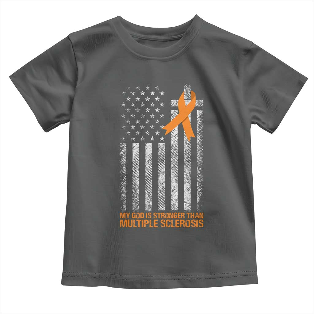 God Stronger Multiple Sclerosis Awareness Toddler T Shirt Orange Ribbon Christian US USA Flag American Christ Cross