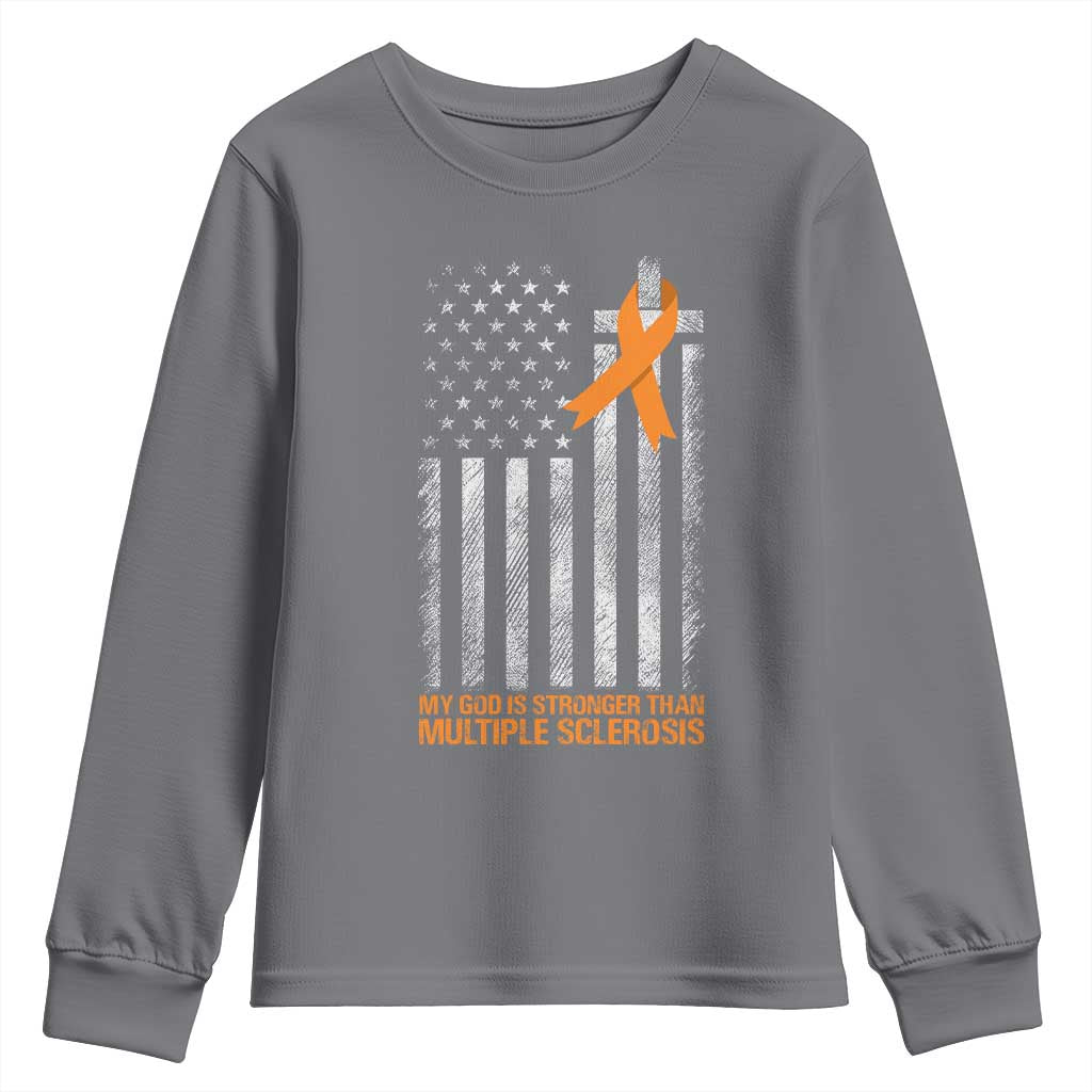 God Stronger Multiple Sclerosis Awareness Youth Sweatshirt Orange Ribbon Christian US USA Flag American Christ Cross
