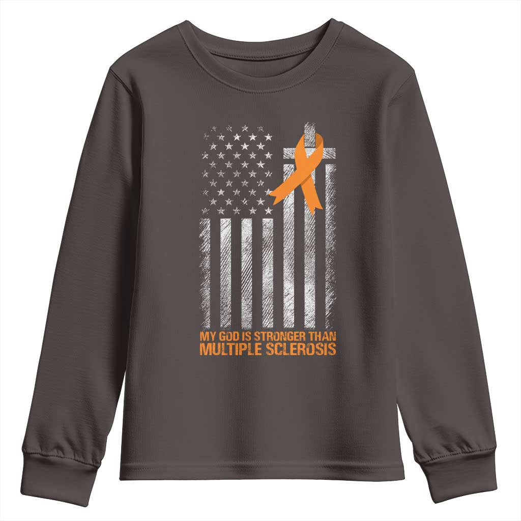 God Stronger Multiple Sclerosis Awareness Youth Sweatshirt Orange Ribbon Christian US USA Flag American Christ Cross