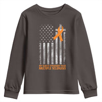 God Stronger Multiple Sclerosis Awareness Youth Sweatshirt Orange Ribbon Christian US USA Flag American Christ Cross