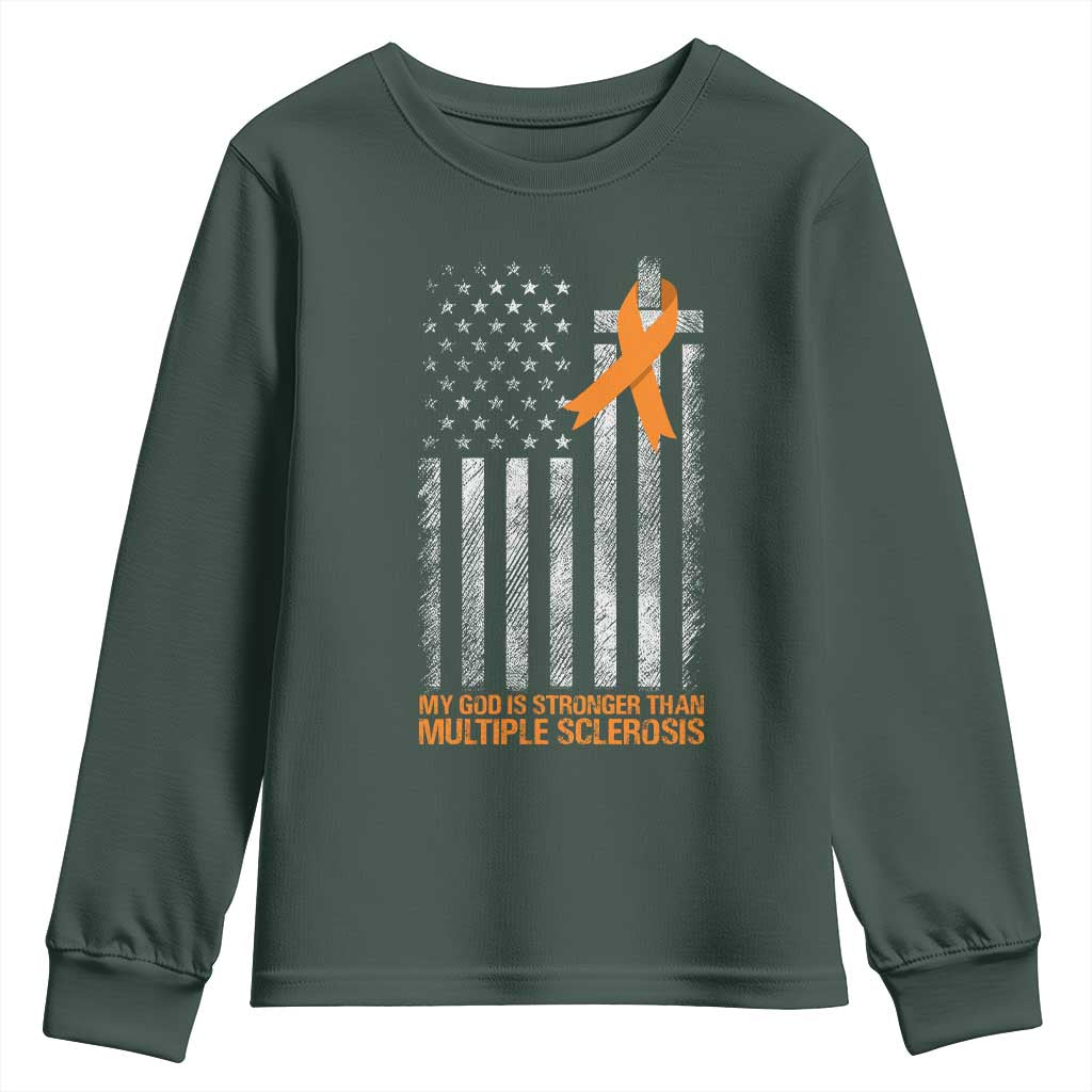 God Stronger Multiple Sclerosis Awareness Youth Sweatshirt Orange Ribbon Christian US USA Flag American Christ Cross