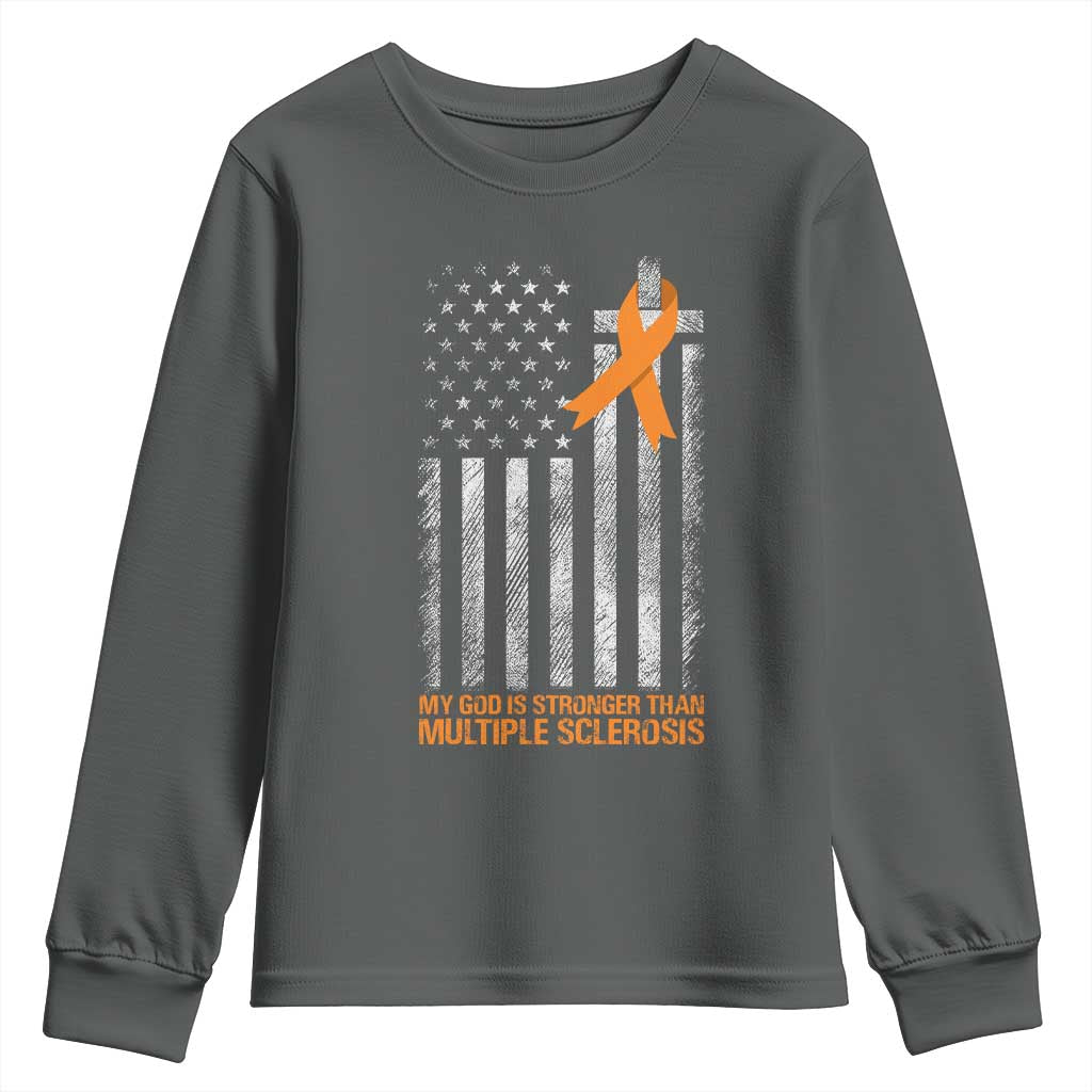 God Stronger Multiple Sclerosis Awareness Youth Sweatshirt Orange Ribbon Christian US USA Flag American Christ Cross