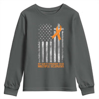 God Stronger Multiple Sclerosis Awareness Youth Sweatshirt Orange Ribbon Christian US USA Flag American Christ Cross