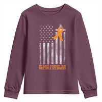 God Stronger Multiple Sclerosis Awareness Youth Sweatshirt Orange Ribbon Christian US USA Flag American Christ Cross