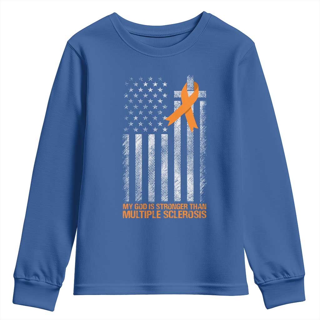 God Stronger Multiple Sclerosis Awareness Youth Sweatshirt Orange Ribbon Christian US USA Flag American Christ Cross