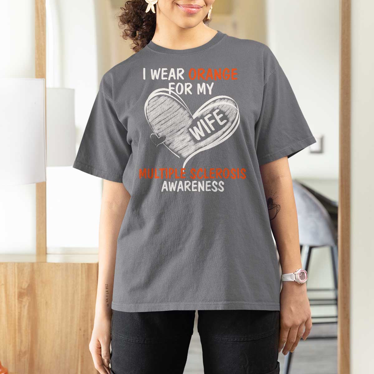 Multiple Sclerosis Awareness T Shirt For Women Orange Ribbon I Wear Orange For My Wife