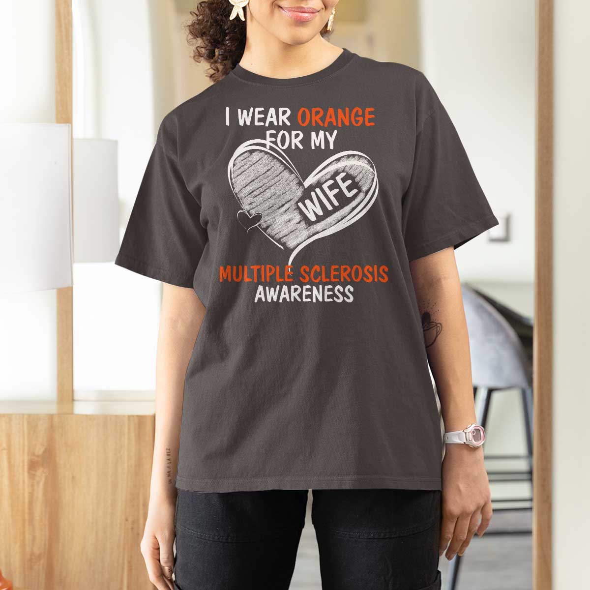 Multiple Sclerosis Awareness T Shirt For Women Orange Ribbon I Wear Orange For My Wife