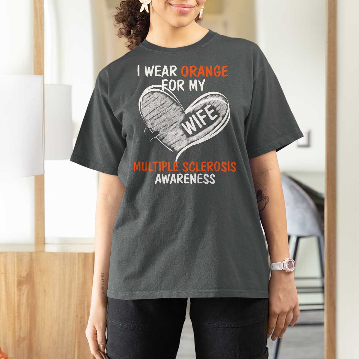 Multiple Sclerosis Awareness T Shirt For Women Orange Ribbon I Wear Orange For My Wife
