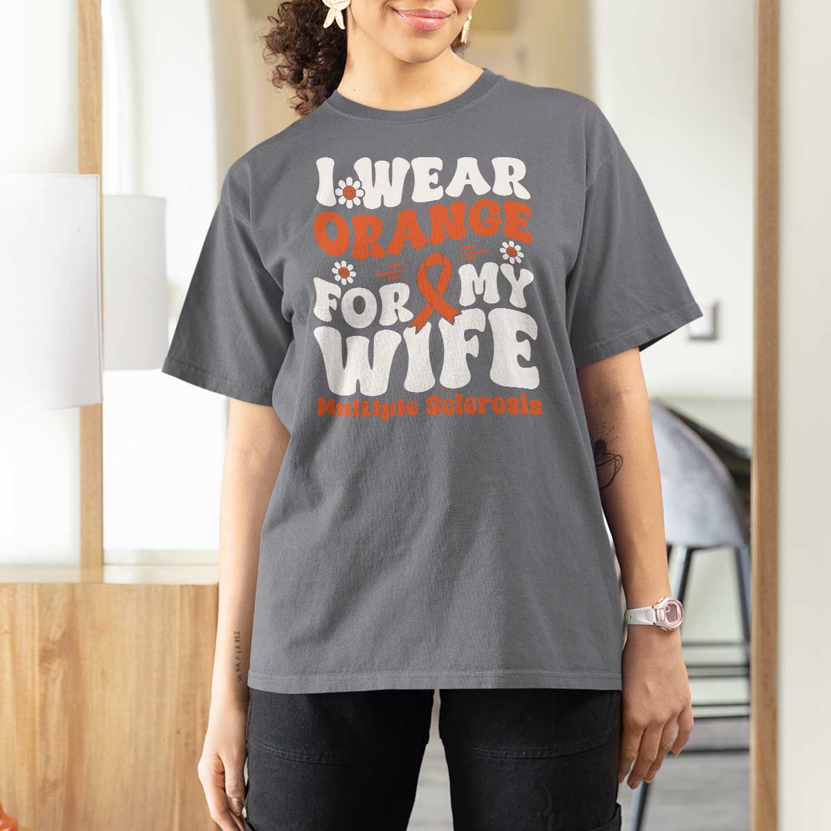 Multiple Sclerosis Awareness T Shirt For Women Orange Ribbon I Wear Orange For My Wife Fight MS
