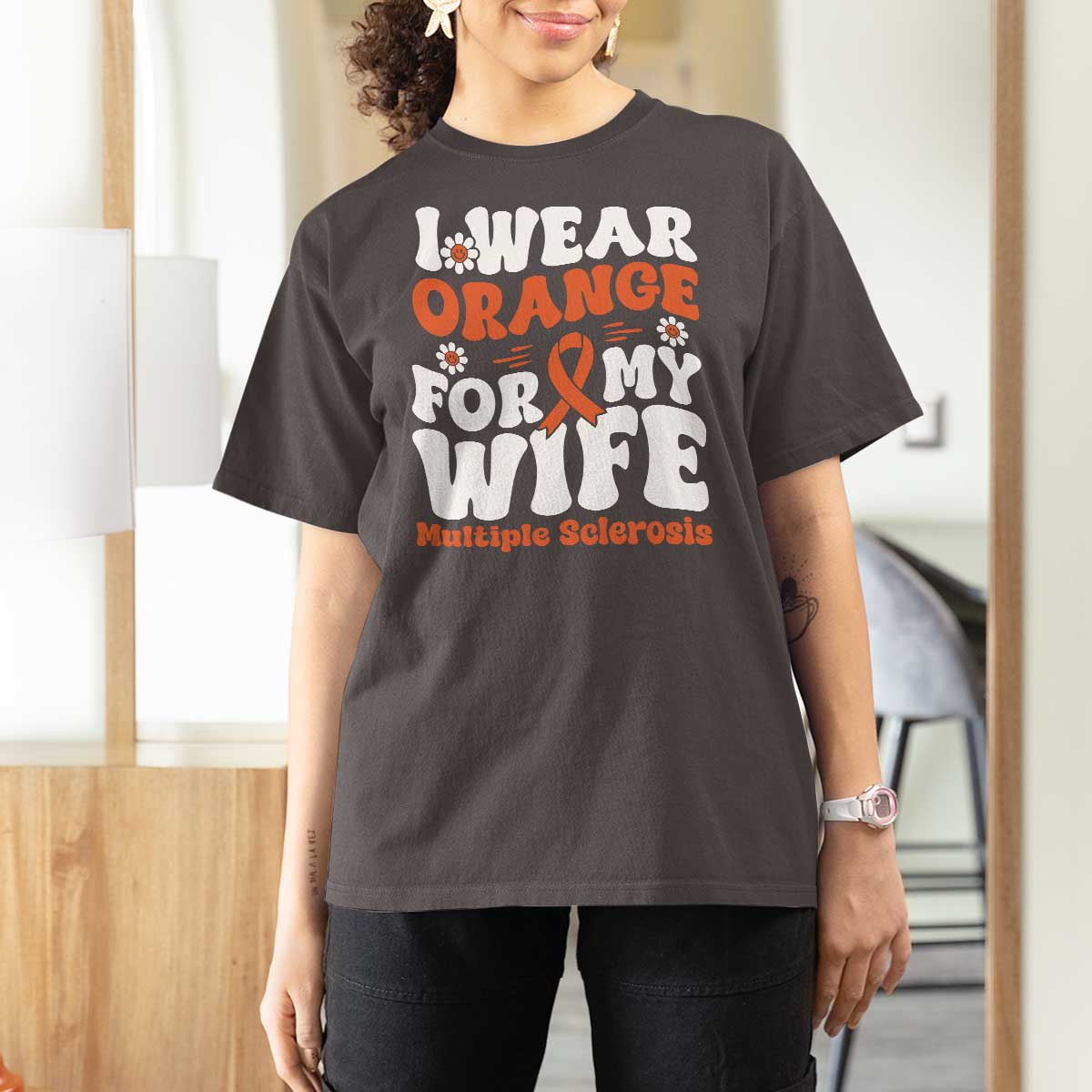 Multiple Sclerosis Awareness T Shirt For Women Orange Ribbon I Wear Orange For My Wife Fight MS