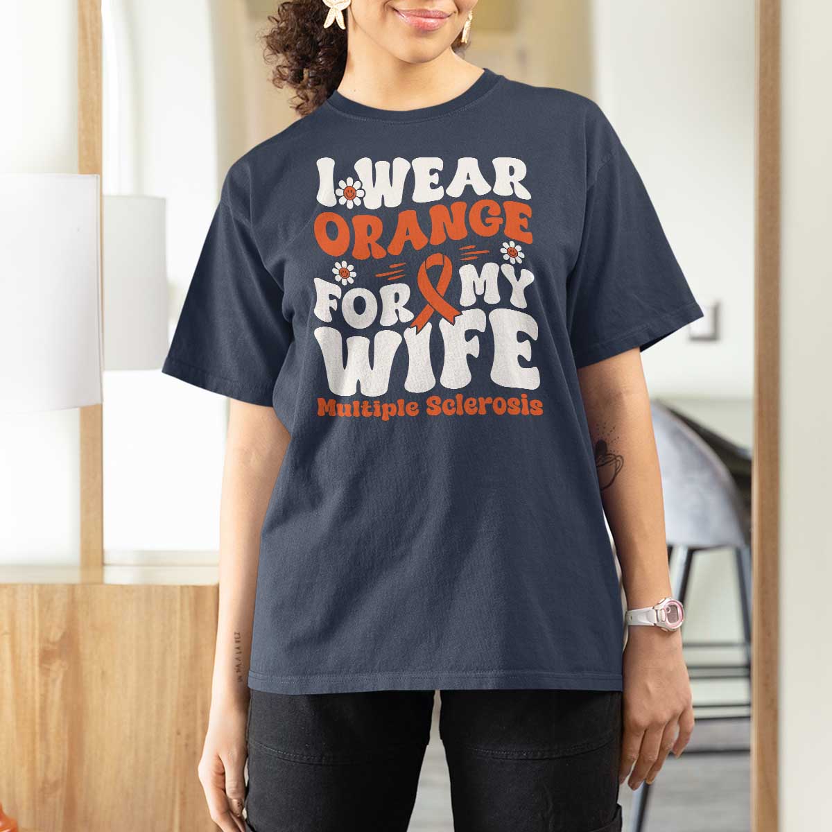 Multiple Sclerosis Awareness T Shirt For Women Orange Ribbon I Wear Orange For My Wife Fight MS