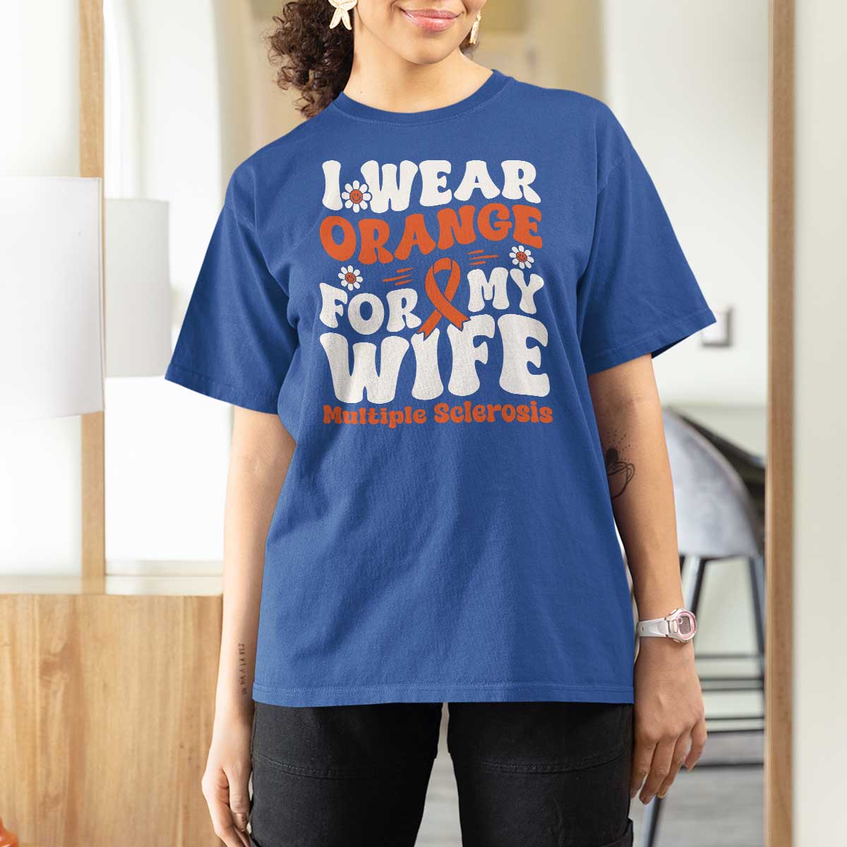 Multiple Sclerosis Awareness T Shirt For Women Orange Ribbon I Wear Orange For My Wife Fight MS