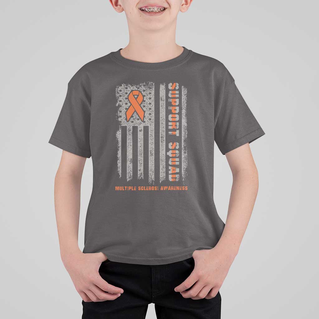 MS Support Squad T Shirt For Kid Orange Ribbon Multiple Sclerosis Awareness USA Flag