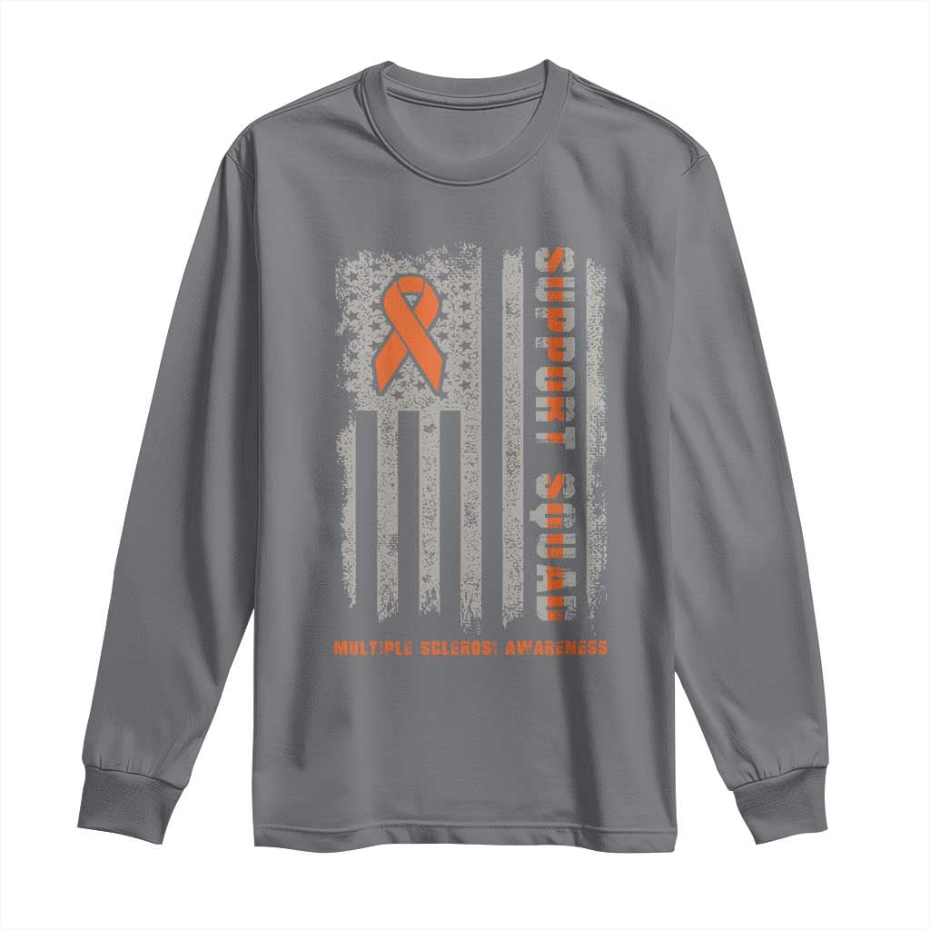 MS Support Squad Long Sleeve Shirt Orange Ribbon Multiple Sclerosis Awareness USA Flag