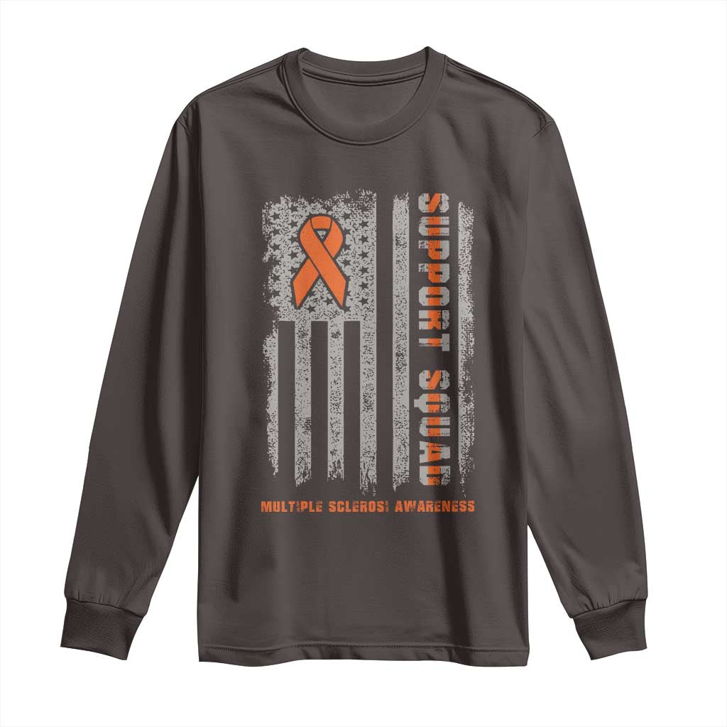 MS Support Squad Long Sleeve Shirt Orange Ribbon Multiple Sclerosis Awareness USA Flag