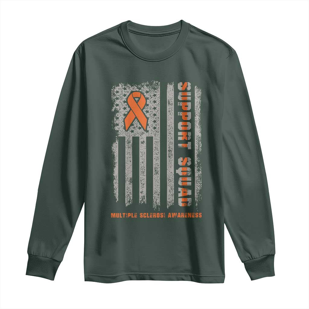 MS Support Squad Long Sleeve Shirt Orange Ribbon Multiple Sclerosis Awareness USA Flag