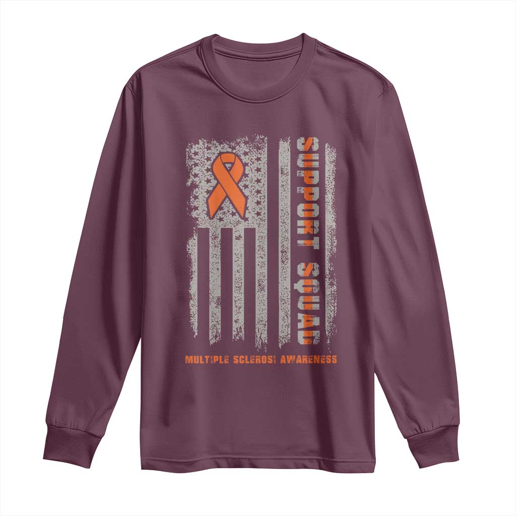 MS Support Squad Long Sleeve Shirt Orange Ribbon Multiple Sclerosis Awareness USA Flag