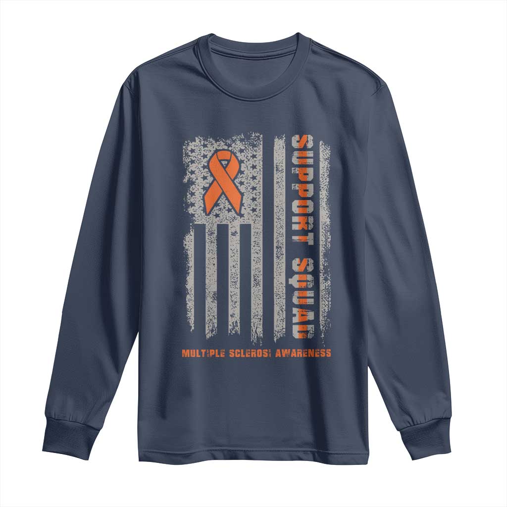 MS Support Squad Long Sleeve Shirt Orange Ribbon Multiple Sclerosis Awareness USA Flag
