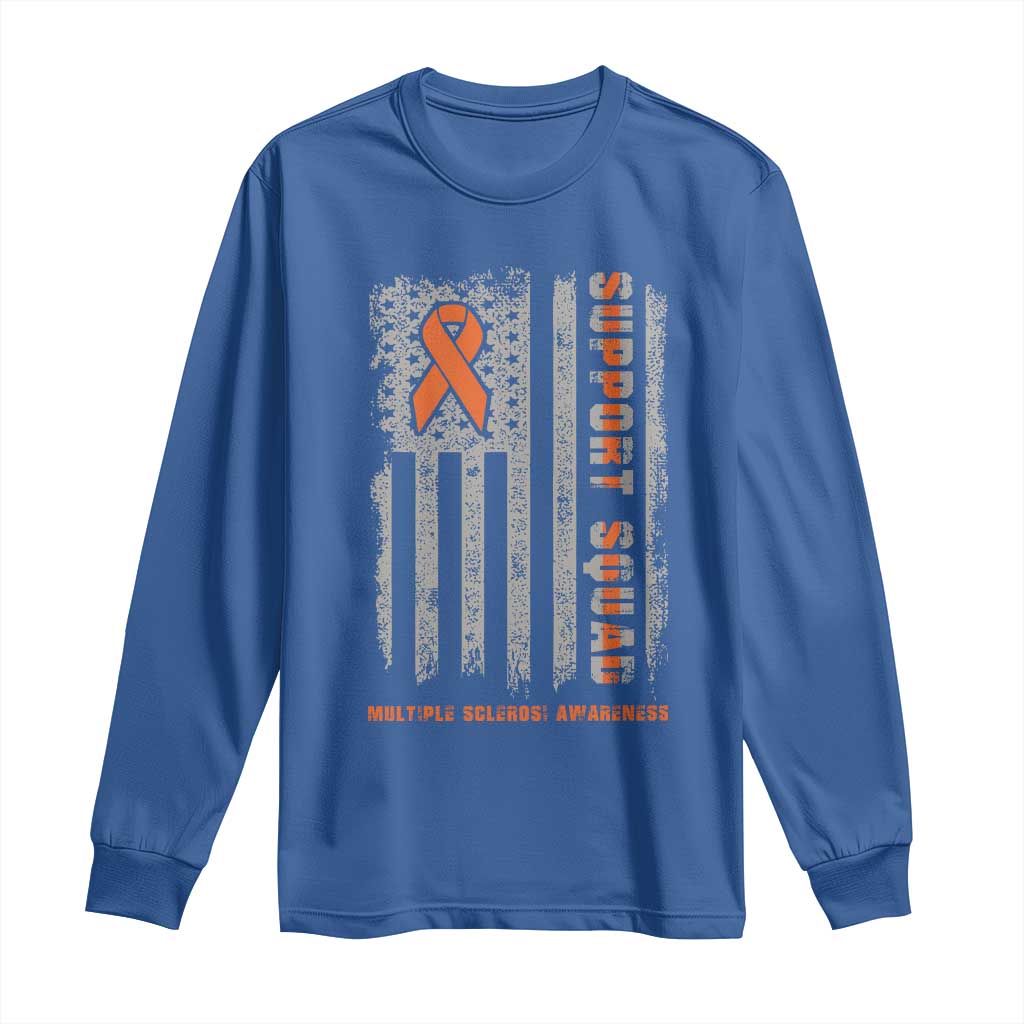 MS Support Squad Long Sleeve Shirt Orange Ribbon Multiple Sclerosis Awareness USA Flag