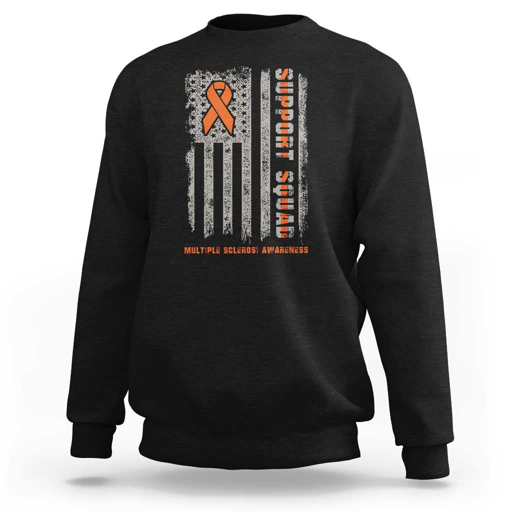 MS Support Squad Sweatshirt Orange Ribbon Multiple Sclerosis Awareness USA Flag