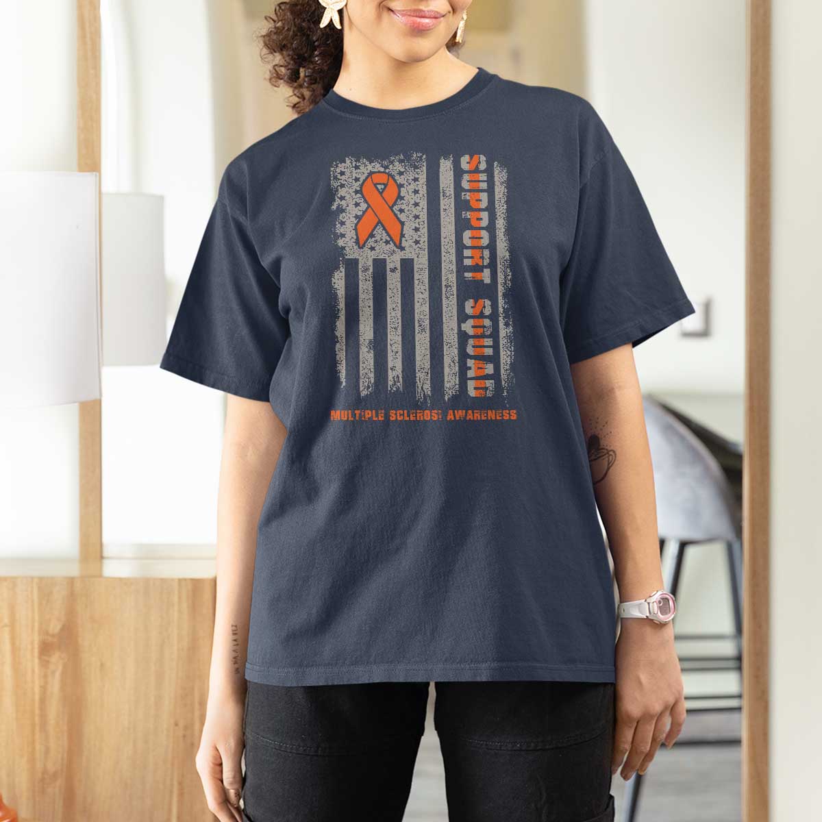 MS Support Squad T Shirt For Women Orange Ribbon Multiple Sclerosis Awareness USA Flag