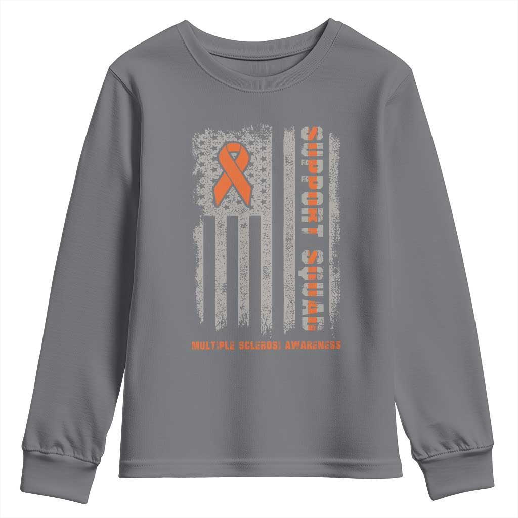 MS Support Squad Youth Sweatshirt Orange Ribbon Multiple Sclerosis Awareness USA Flag